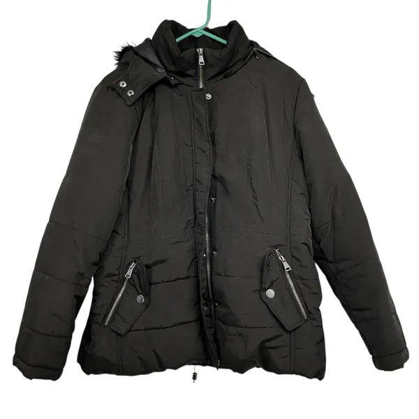 New York & Company Black Puffer Jacket Women’s Large | Zip Front Coat w/ Hood - Image 4