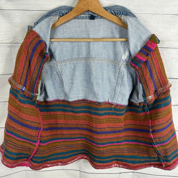 Vintage Womens size XL Handmade Reworked Denim Jean Knit Cardigan Jacket - Image 7