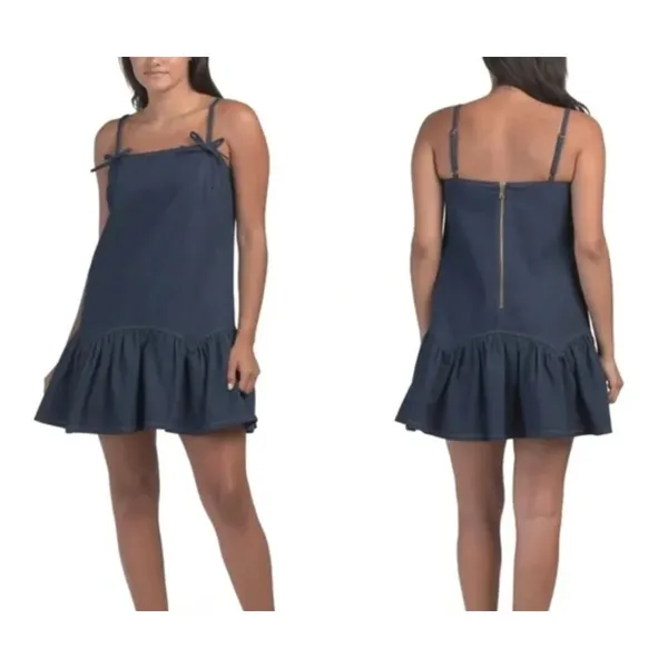 Avec Les Filles Denim Bow Shoulder Ruffle-Hem Baby Doll Mini Dress Size S - Image 2