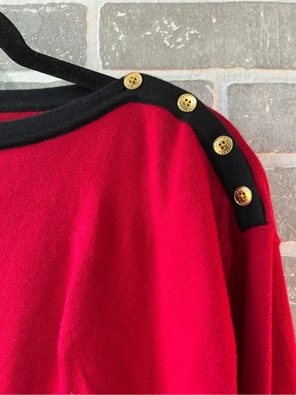 Lauren‎ Ralph Lauren Red Black Gold Button Shoulder Sweater Med Preppy Nautical - Image 4