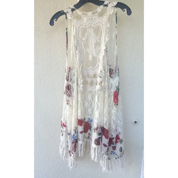 Vivid Importers Lace Crochet Floral Fringe Kimono Vest Size Large Boho Festival - Image 4