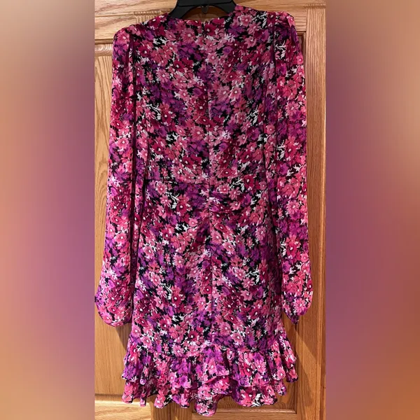 Express Pink Floral Print Long Sleeve Faux Wrap Ruffle Mini Dress‎ Size XXS - Image 7