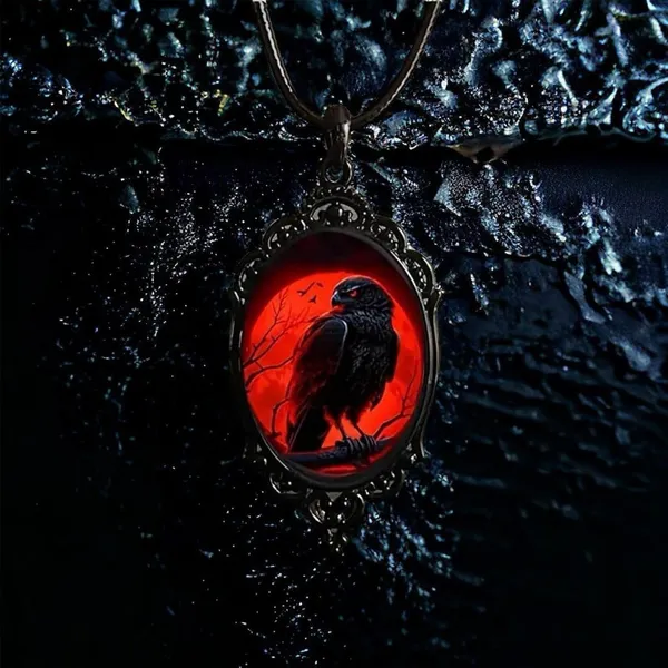 Gothic‎ Crow Red Moon Cameo Style Black Necklace Pendent - Image 5