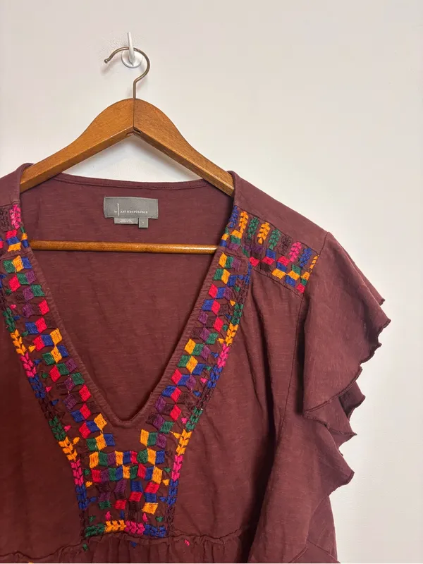 Anthropologie Brown Embroidered Bohemian V-Neck Ruffle Short Sleeve Top - Image 9