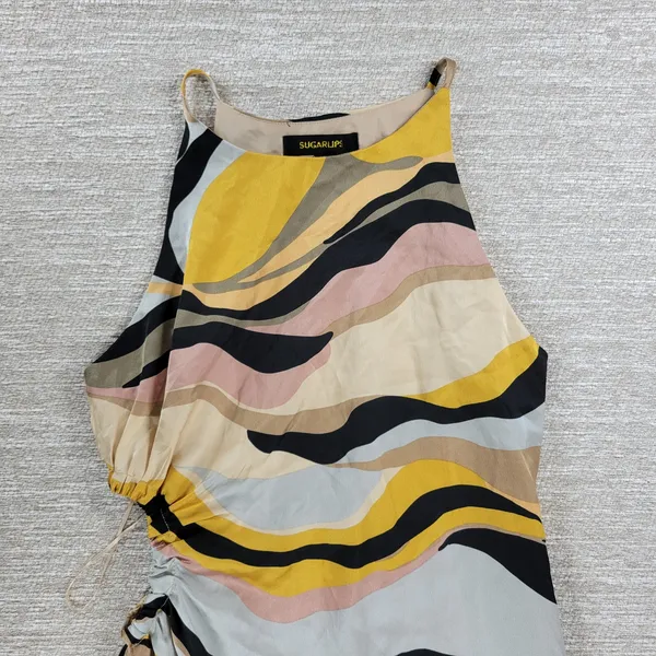 Sugarlips Lourdes Cut Out Dress Womens Large Yellow Tan Ruched Midi Silky Lined - Image 12