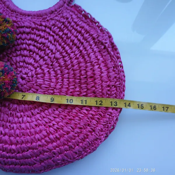 Studio Collection Straw Boho Beachy Tropical Pom Pom Round Circle Tote Bag Pink - Image 6