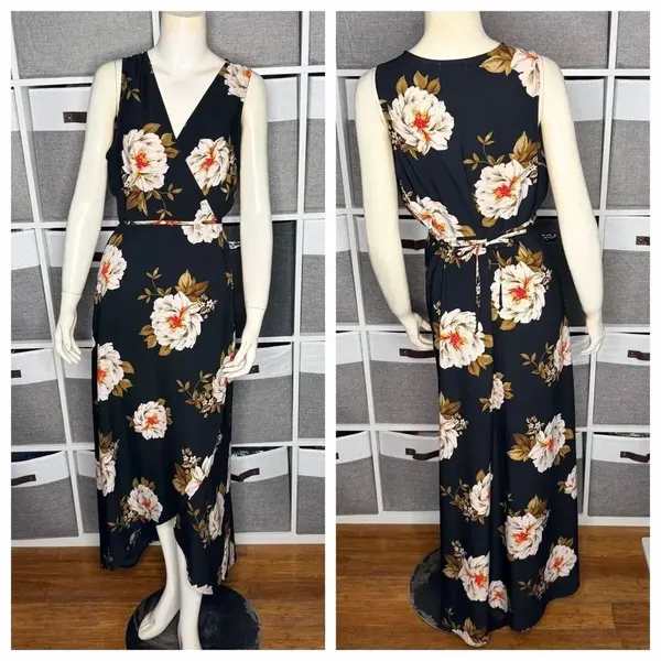 Leith True Wrap V-Neck Floral Flowy Maxi Sleeveless Dress Size Large - Image 2