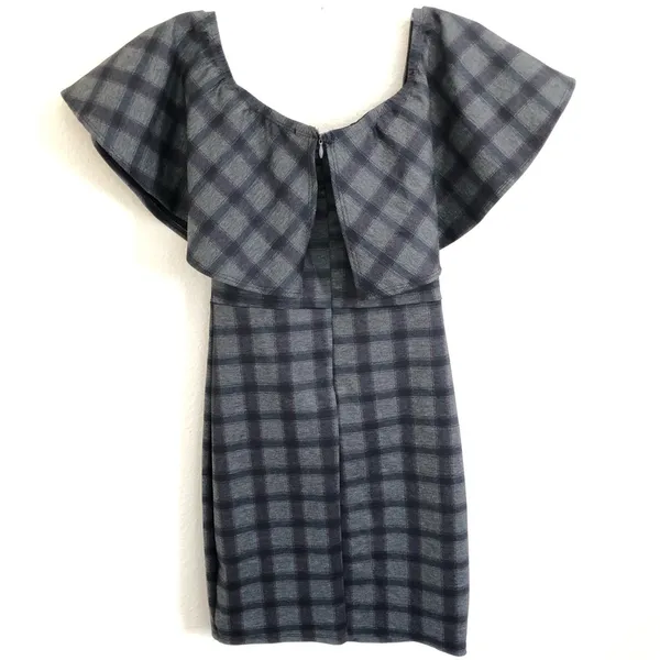 🛍️ Lulus Gray Plaid Small Town Off the shoulder Body con dress S - Image 7