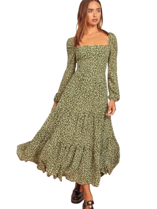 REFORMATION Kellie Maxi Tiered Dress Green Moiret Polka Dots Size 2 - Image 2