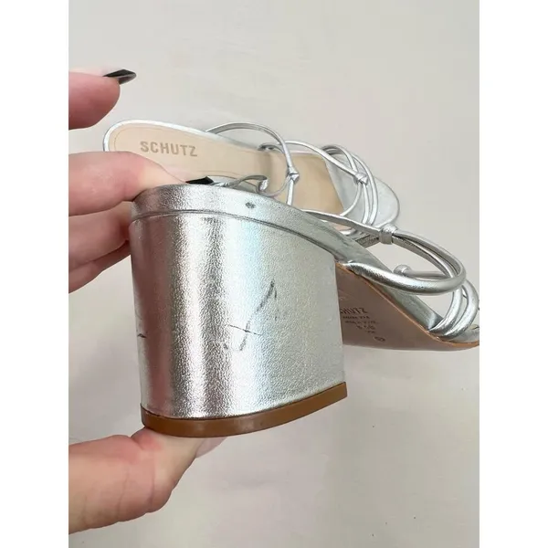 Schutz Silver Strappy Design Block Heel Open Toe Sandal Leather Womens Size 8.5B - Image 4