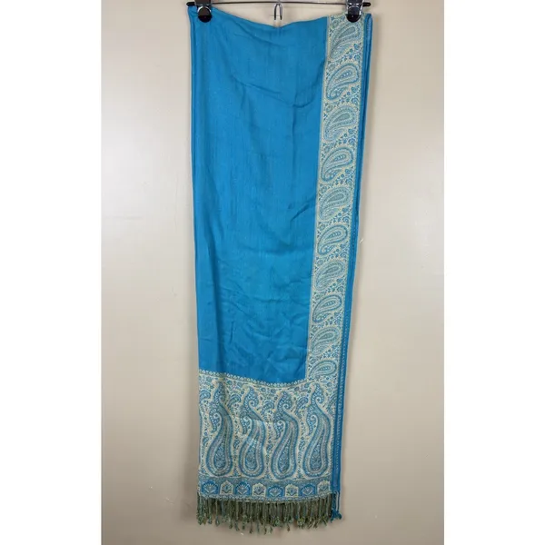 Pashmina Blue Paisley-Patterned Reversible Woven Wrap Fringed Shawl - Image 6