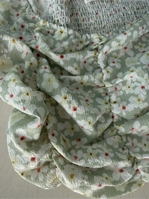 Smocked Floral Puff Sleeve Top - Light Sage Green - Image 3