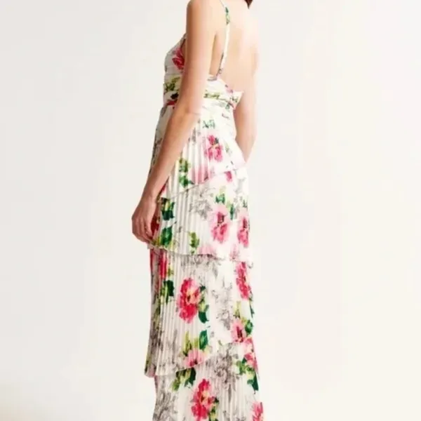 NWT Abercrombie & Fitch A&F Giselle Pleated Tiered Maxi Dress Satin White Floral - Image 6