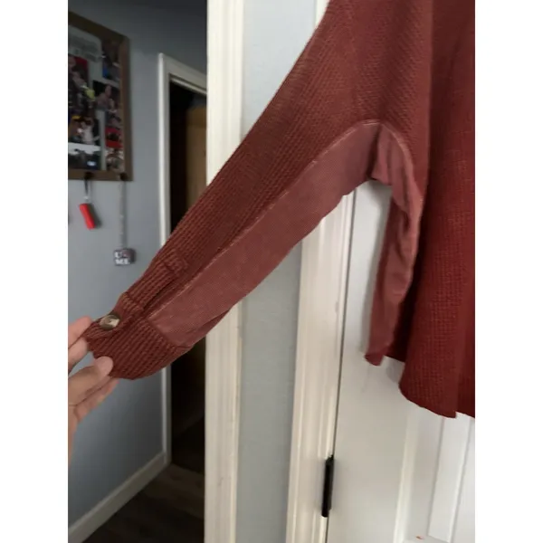 Bluivy Shacket Women ML Rust Waffle Knit‎ Button Down Contrast Panel Oversized Orange Size L - Image 5
