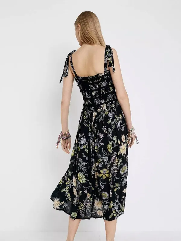 Free People Isla Black Floral Shoulder Tie Midi Dress - Size - Medium - Image 2