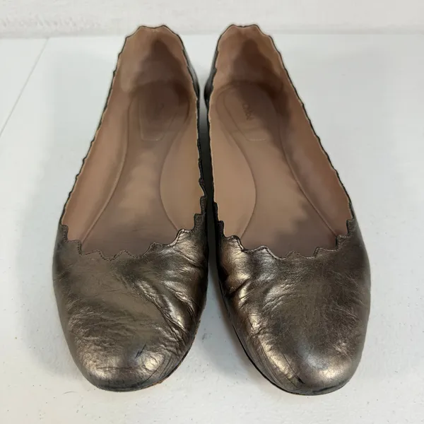 Chloe 38.5 US 8.5 Ballet Flats Lauren Scalloped Metallic Bronze Leather Shoes‎ - Image 3