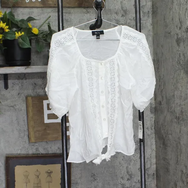 NWT BCX Juniors Lace-Trim Tie-Hem Peasant Top 1080F2K White L - Image 2