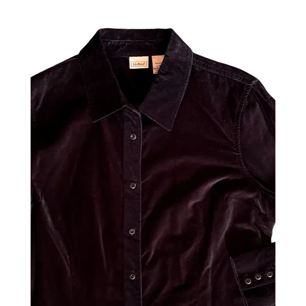 LL Bean Top Womens Size L Black Velvet Long Sleeve Button Up Collar Cotton Vntge - Image 5