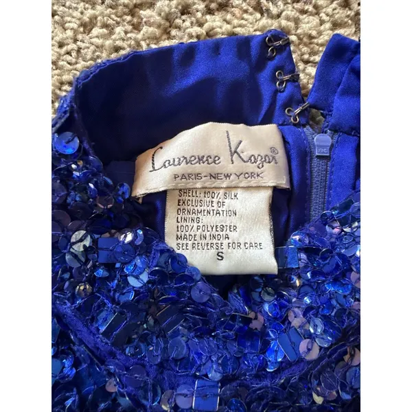 Vintage Laurence Kazar Blue Silk Hand Sequined‎ Halter Top Sz Small 90's Retro - Image 7