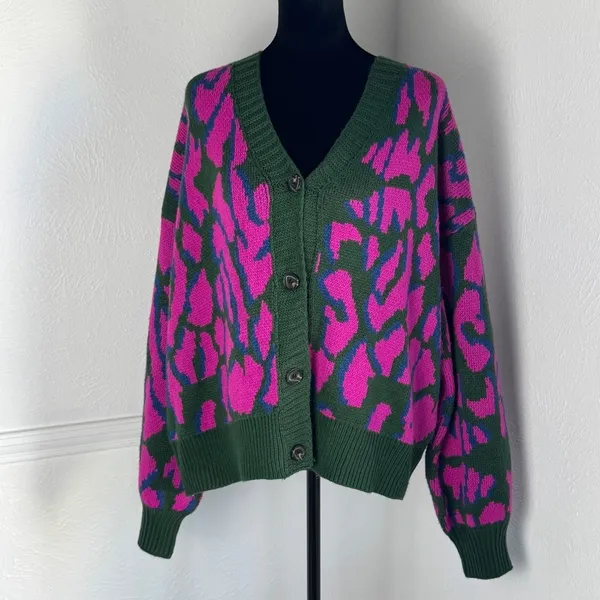 Umgee USA Pink Green Animal Print Button Front Cardigan Sweater Medium Boho - Image 2