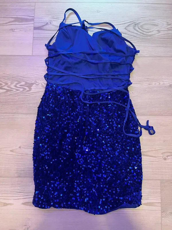 Royal Blue Sequin Lace-Up Back Mini Dress - Image 2