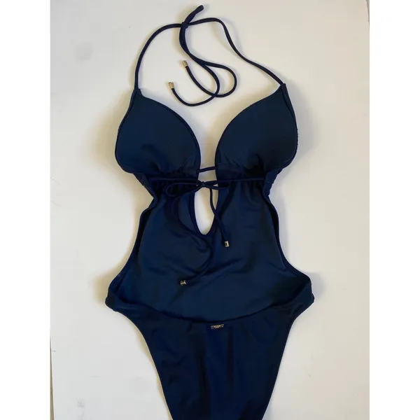 Abercrombie & Fitch Navy Blue Ruffle Plunge‎ Halter One Piece Swimsuit Small NEW - Image 11