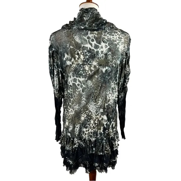 Puli Leopard Print Mesh Tunic Top Ruffle Lace Hem Size Large - Image 2