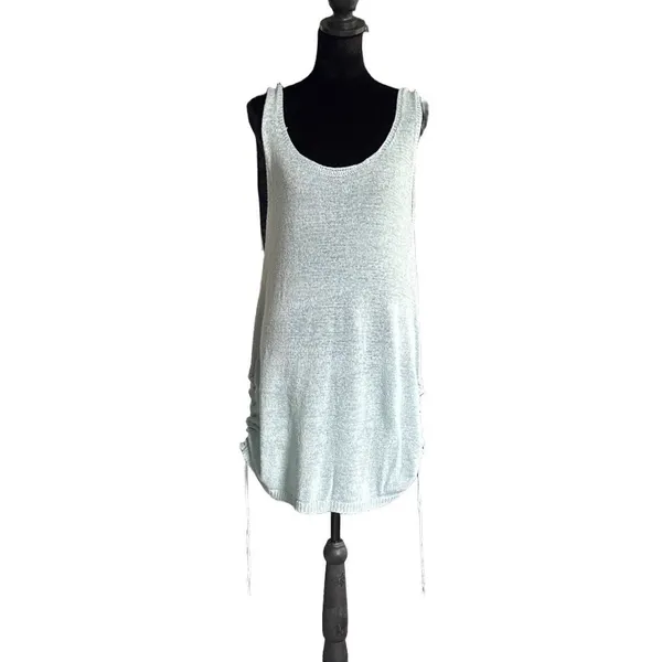 Knit Beach Cover Up Mini Dress Ruched Side Drawstring Scoop Back Light Blue - Image 2