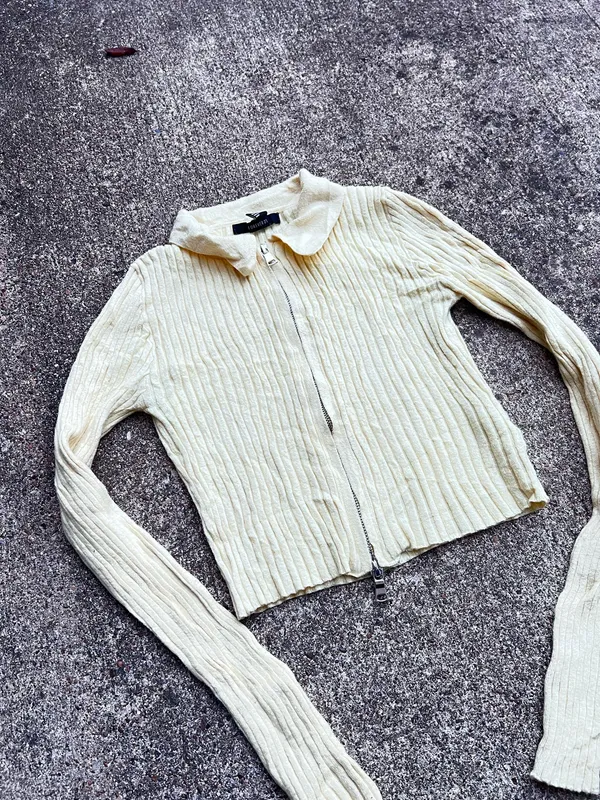 Forever 21 Ribbed Knit Zip Polo Cardigan Size S Cream - Image 2