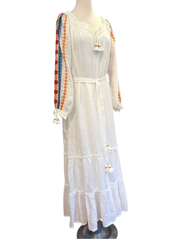 Tory Burch Embroidered Peasant Maxi Dress Cover-up On or Off Shoulder Small - Image 3