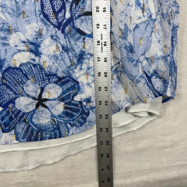 White House Black Market Blue Floral Batik Poncho Blouse Gold Lurex Medium - Image 4
