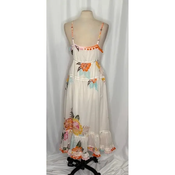 Anthropologie‎ FARM RIO Havana Floral Dress Midi Pom Poms Vacation Large Petite - Image 10