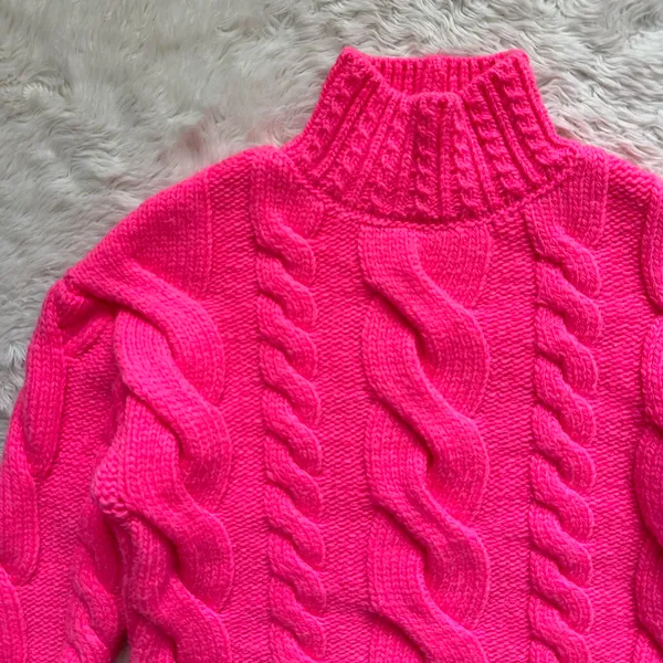 Anthropologie Sweater Mock Neck Cable-Knit Long Sleeve Neon Pink XXS - Image 5