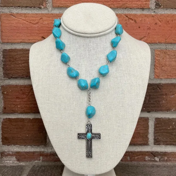 Cross Lariat Necklace with Faux Turquoise - Image 2