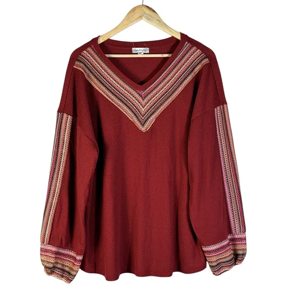 Casual Express Chevron Crochet Waffle Knit Top Burgundy Red Boho Size XL - Image 2