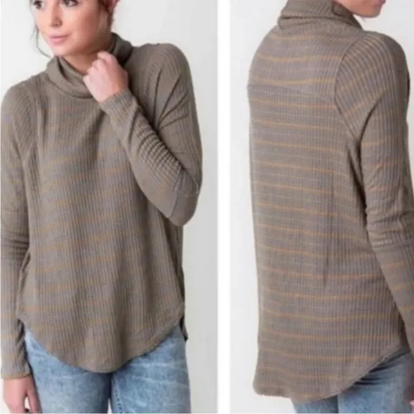FREE PEOPLE Kristina Drippy Striped Thermal Waffle knit Long Sleeve Cowlneck Top - Image 2