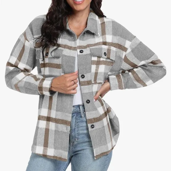 NWOT Plaid Gray and Brown Women's Jacket Shacket Button Down Sweater Casual XL - Image 5