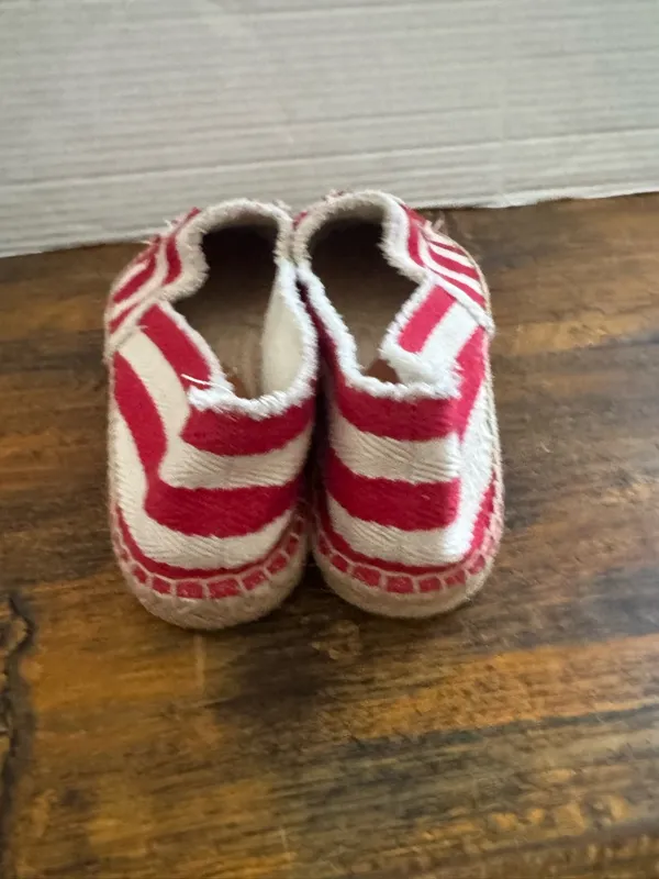 Tory Burch Fray Stripe Espadrille Flats Red White Canvas Logo Slip On Shoes 8.5 - Image 3