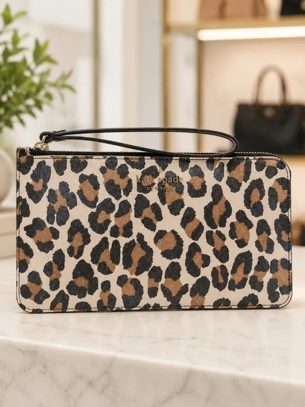 Kate Spade Lucy Medium L-Zip Wristlet Leopard Saffiano Leather NWT - Image 3
