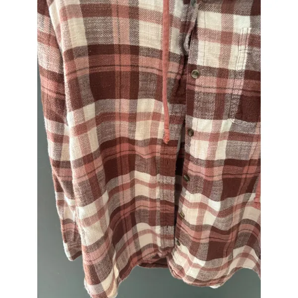 American Eagle Outfitters Womens Mauve Plaid Hooded Flannel Shirt Medium Fall - Image 3