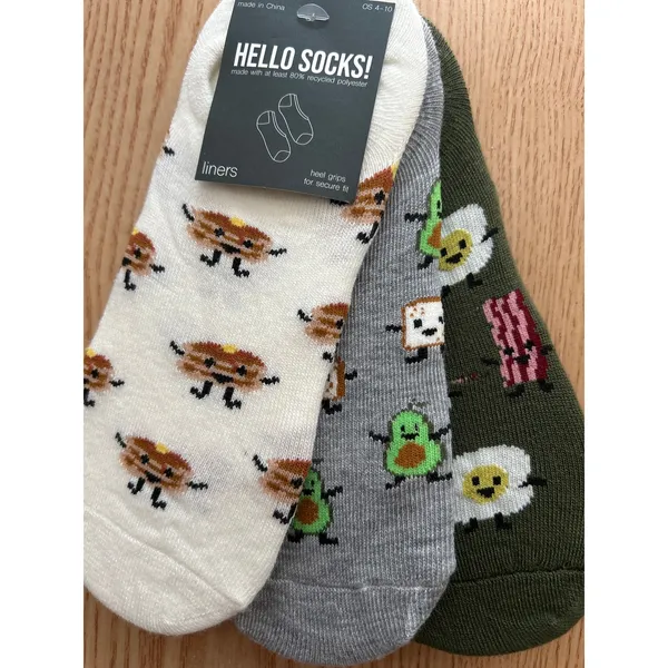 New Womens 3 Pairs Bacon Hello Socks! No show liner socks w/Heel Grip O/S 4-10 - Image 2