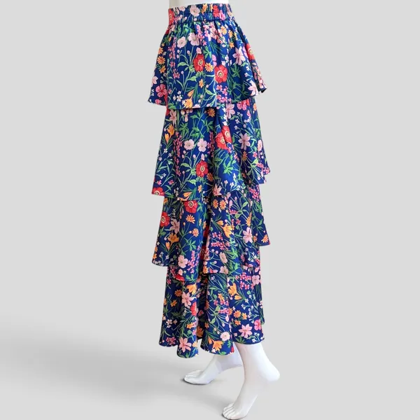 Skies Are Blue Maxi Skirt Small Blue Floral Tiered Ruffle Boho - Image 3