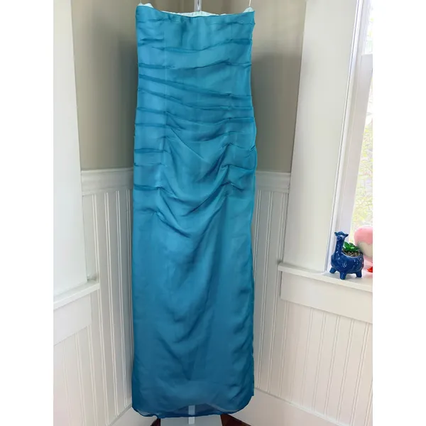 Kay Unger Blue Strapless Ruched Column Gown Side Slit Size 6 - Image 3
