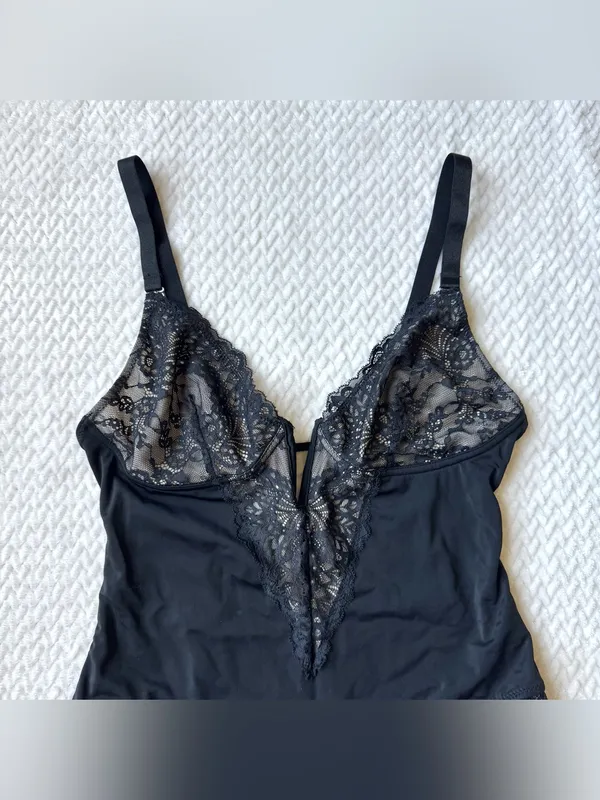Plunge V Neck Shapewear Sculpting Thong Bodysuit L Black Lace Teddy Whimsigoth - Image 5