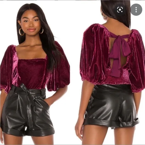Free People Marie Velvet Open Back Crop Top‎ Balloon Sleeves Red Small NWT - Image 9