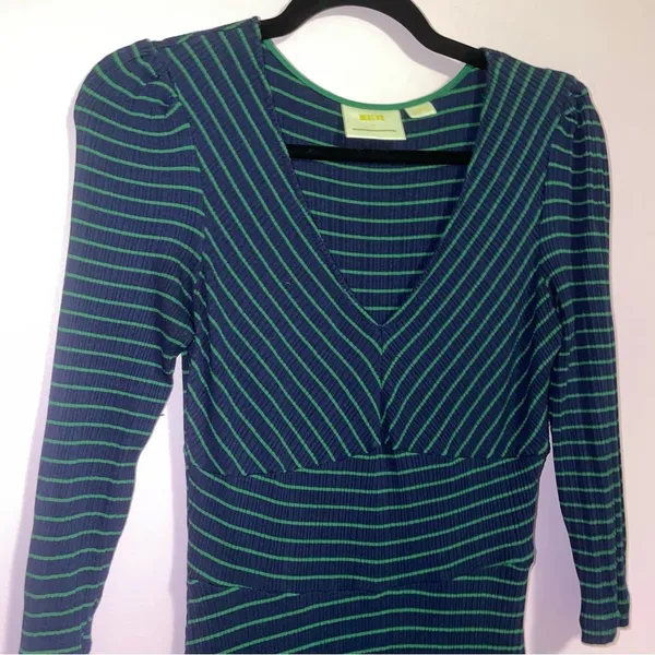 Anthropologie Maeve XS Midi Dress Blue Green Stripe 3/4 Sleeve - Image 2