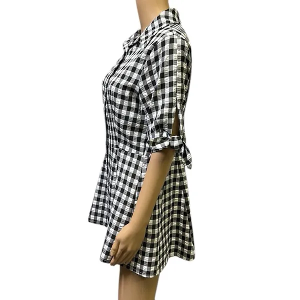 Kate Lily Gingham Short Tie Sleeve Button Up Tunic Blouse Black White Womens 8 - Image 3