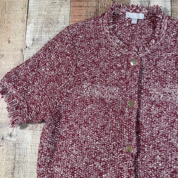 J.Crew Large Merlot Cropped Fringe Lady Jacket Gold Snap Marled Knit Sweater - Image 2
