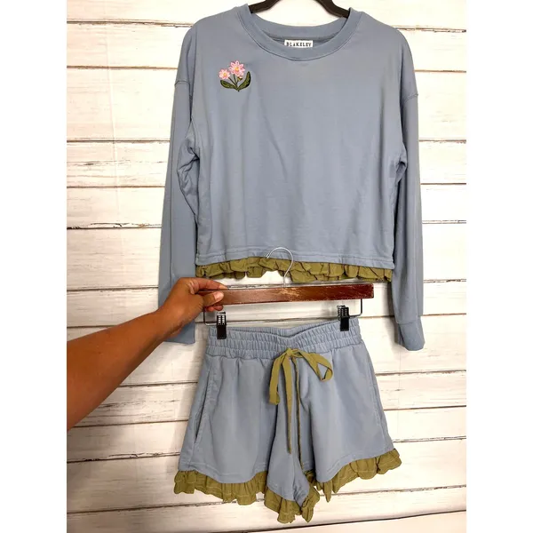 Blakely Blue Ruffle Lounge Set XS Embroidered Floral Sweatshirt Shorts Pockets - Image 13