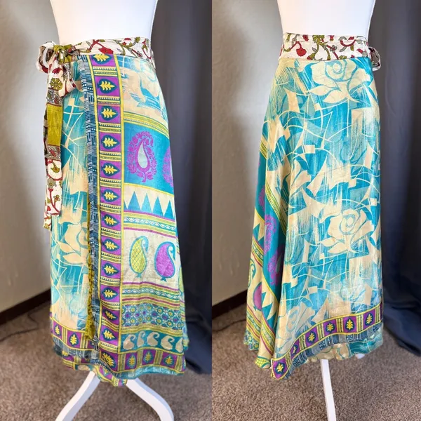 Reversible boho Silk Wrap Skirt Womens OS Turquoise Gold Floral Maxi - Image 7